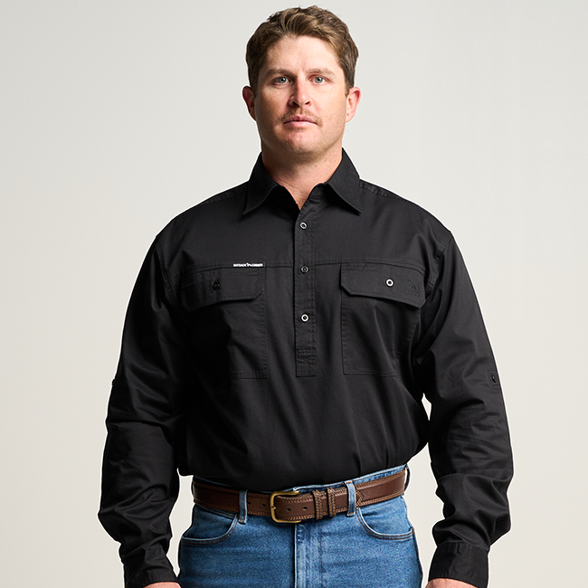 KILCOY | Mens Half Button Long Sleeve Work Shirt - Black