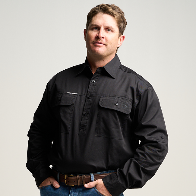 KILCOY | Mens Half Button Long Sleeve Work Shirt - Black