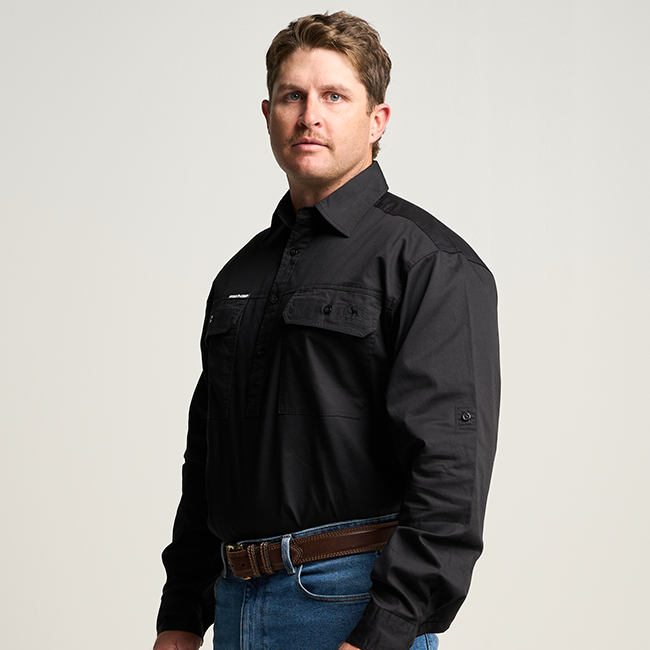 KILCOY | Mens Half Button Long Sleeve Work Shirt - Black