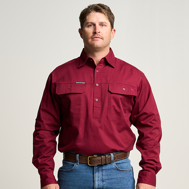 KILCOY | Mens Half Button Long Sleeve Work Shirt - Burgundy