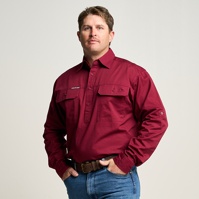 KILCOY | Mens Half Button Long Sleeve Work Shirt - Burgundy