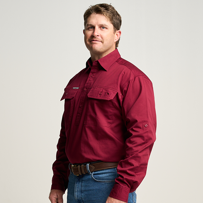 KILCOY | Mens Half Button Long Sleeve Work Shirt - Burgundy