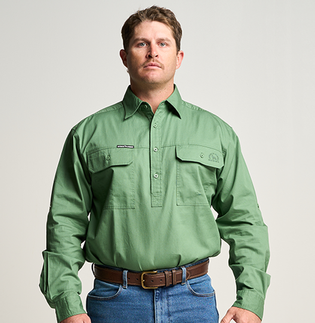 KILCOY | Mens Half Button Long Sleeve Work Shirt - Gum Leaf Green