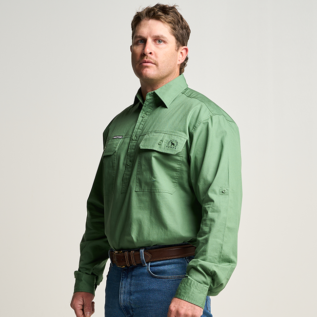 KILCOY | Mens Half Button Long Sleeve Work Shirt - Gum Leaf Green