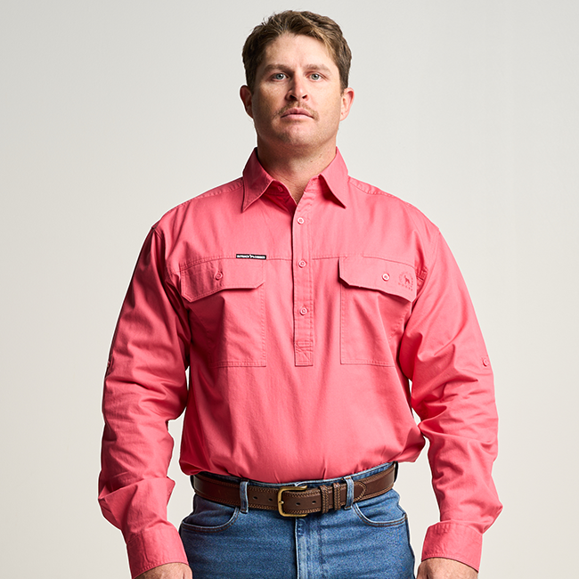 KILCOY | Mens Half Button Long Sleeve Work Shirt - Hibiscus Pink