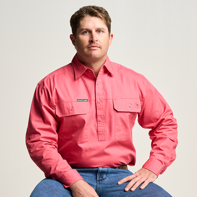 KILCOY | Mens Half Button Long Sleeve Work Shirt - Hibiscus Pink