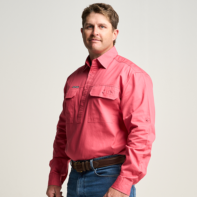 KILCOY | Mens Half Button Long Sleeve Work Shirt - Hibiscus Pink