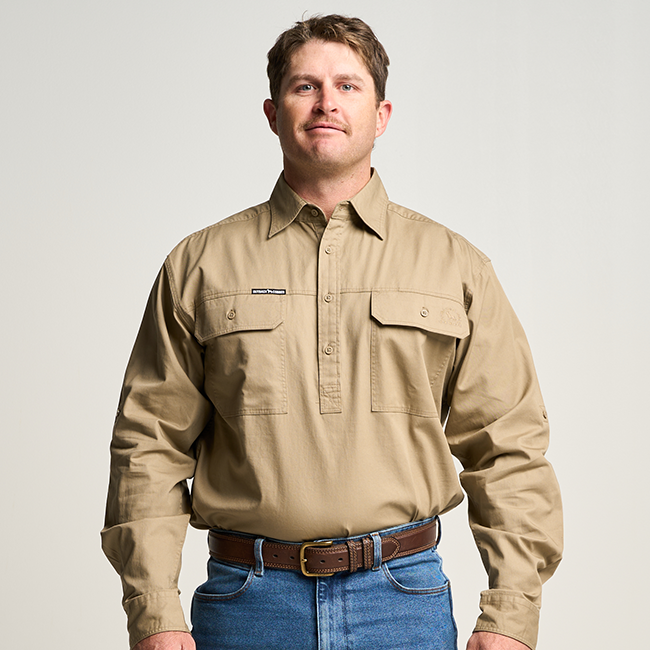 KILCOY | Mens Half Button Long Sleeve Work Shirt - Khaki