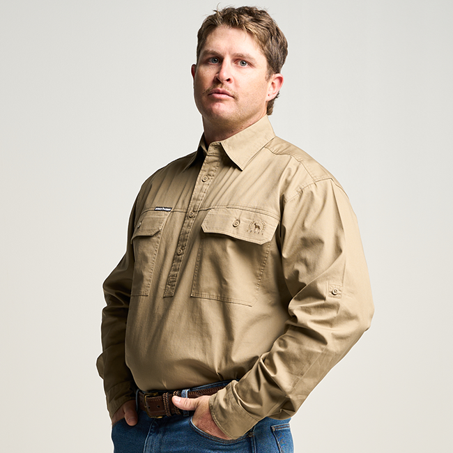 KILCOY | Mens Half Button Long Sleeve Work Shirt - Khaki