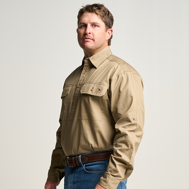 KILCOY | Mens Half Button Long Sleeve Work Shirt - Khaki