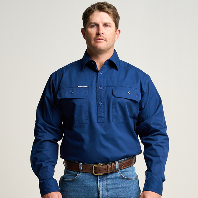 KILCOY | Mens Half Button Long Sleeve Work Shirt - Navy