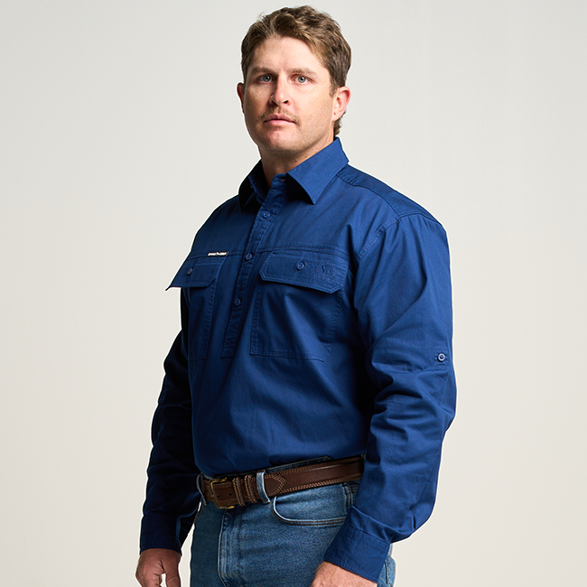 KILCOY | Mens Half Button Long Sleeve Work Shirt - Navy