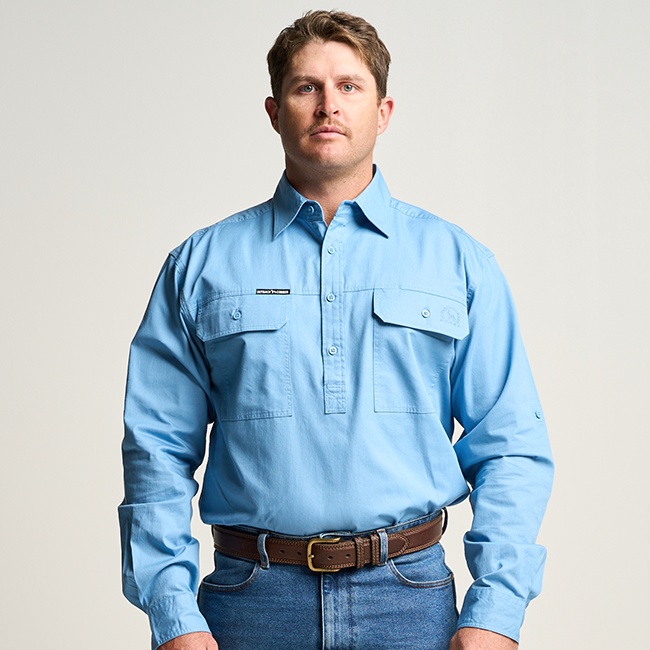 KILCOY | Mens Half Button Long Sleeve Work Shirt - Sky Blue