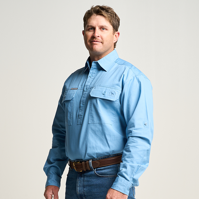 KILCOY | Mens Half Button Long Sleeve Work Shirt - Sky Blue