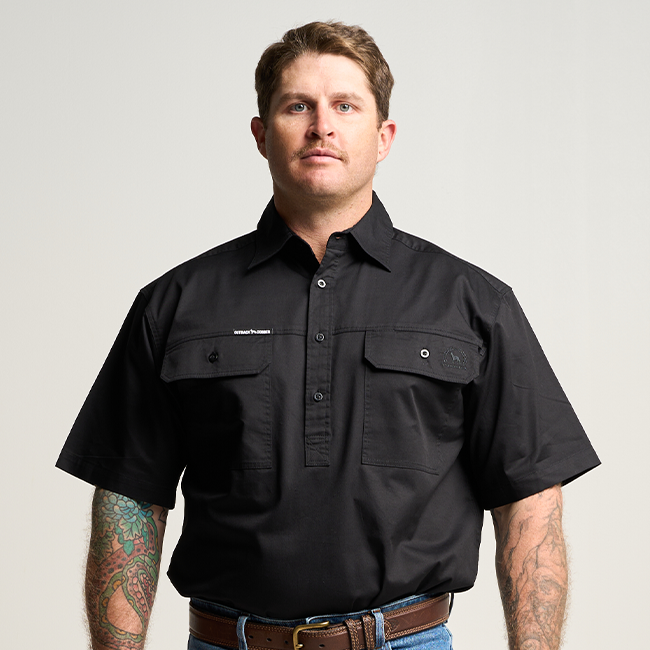 KILCOY | Mens Half Button Short Sleeve Work Shirt - Black