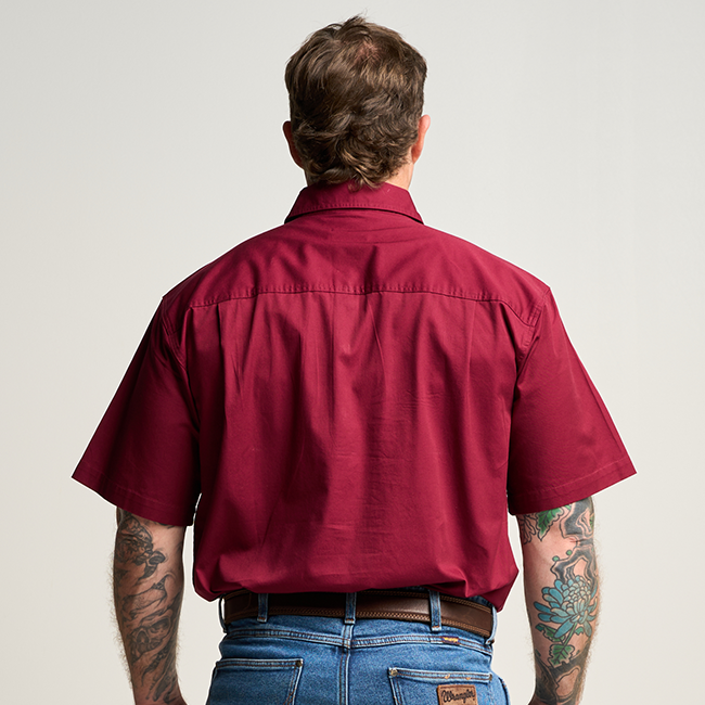 KILCOY | Mens Half Button Short Sleeve Work Shirt - Burgundy