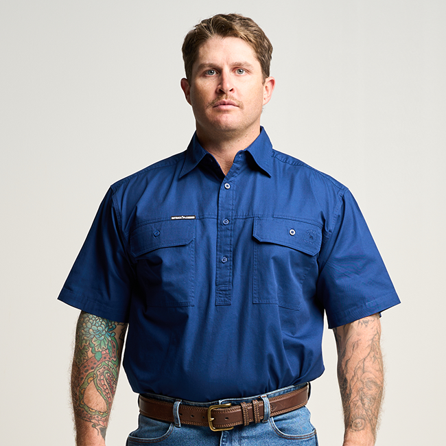 KILCOY | Mens Half Button Short Sleeve Work Shirt - Navy