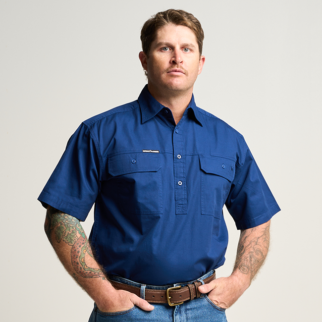 KILCOY | Mens Half Button Short Sleeve Work Shirt - Navy