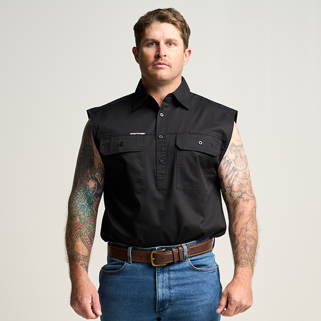 KILCOY | Mens Half Button Sleeveless Work Shirt - Black