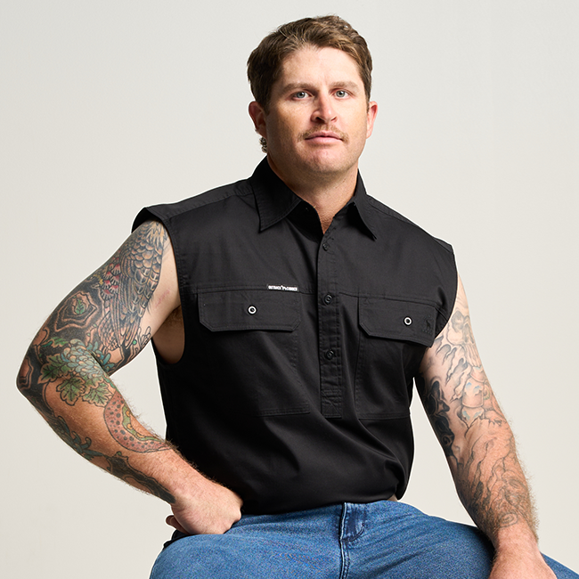 KILCOY | Mens Half Button Sleeveless Work Shirt - Black