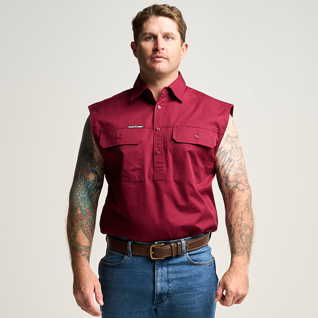 KILCOY | Mens Half Button Sleeveless Work Shirt - Burgundy