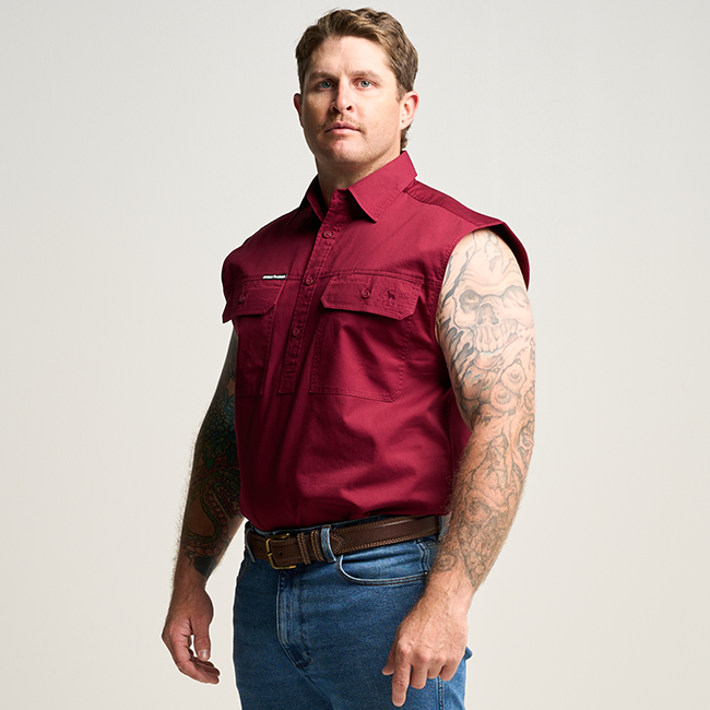 KILCOY | Mens Half Button Sleeveless Work Shirt - Burgundy