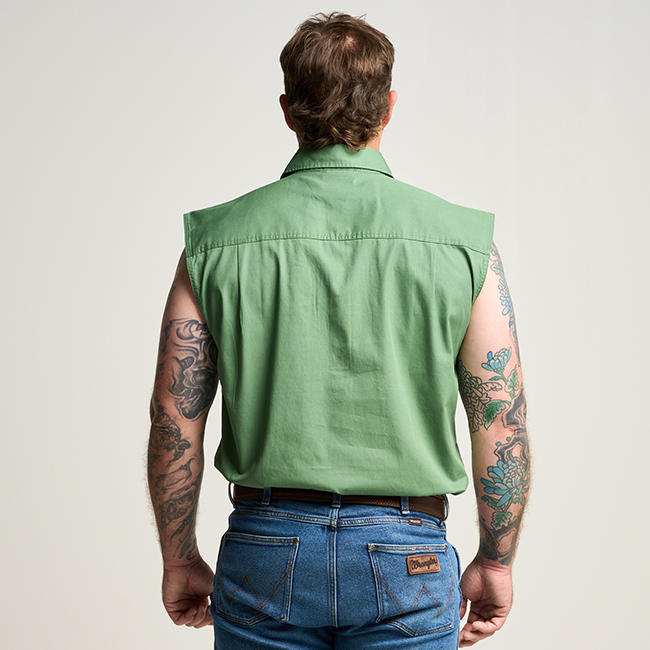 KILCOY | Mens Half Button Sleeveless Work Shirt - Gum Leaf Green