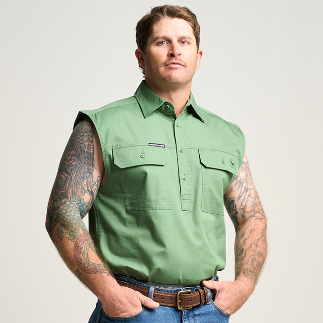 KILCOY | Mens Half Button Sleeveless Work Shirt - Gum Leaf Green