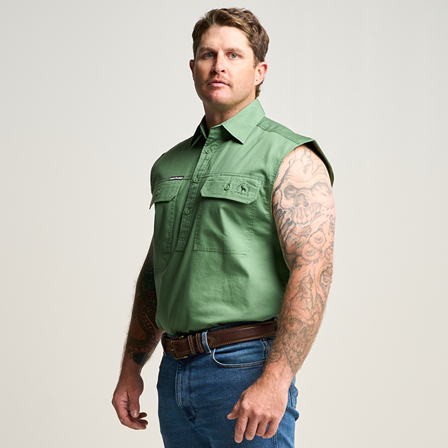 KILCOY | Mens Half Button Sleeveless Work Shirt - Gum Leaf Green