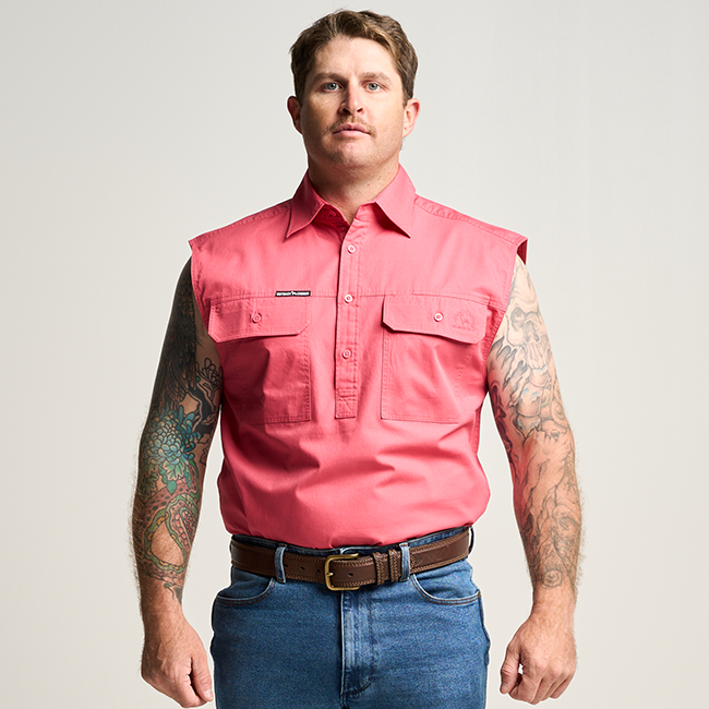 KILCOY | Mens Half Button Sleeveless Work Shirt - Hibiscus Pink