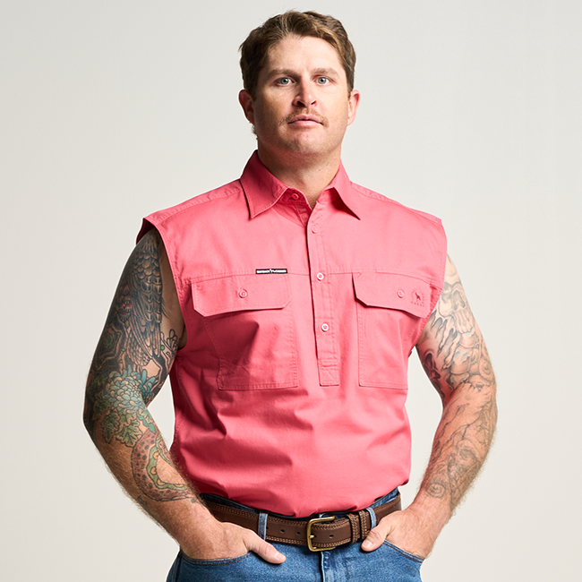 KILCOY | Mens Half Button Sleeveless Work Shirt - Hibiscus Pink