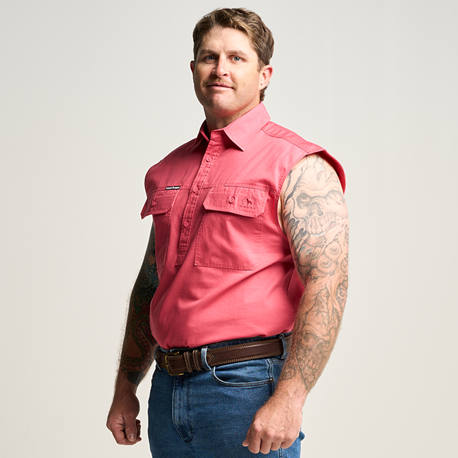 KILCOY | Mens Half Button Sleeveless Work Shirt - Hibiscus Pink