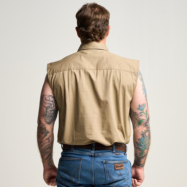 KILCOY | Mens Half Button Sleeveless Work Shirt - Khaki