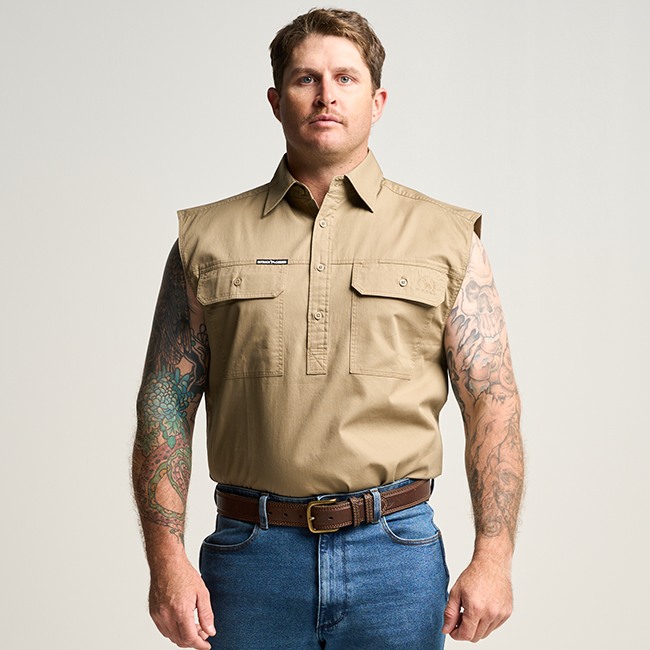 KILCOY | Mens Half Button Sleeveless Work Shirt - Khaki