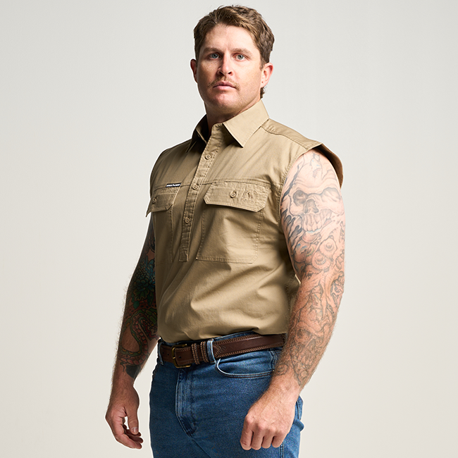 KILCOY | Mens Half Button Sleeveless Work Shirt - Khaki