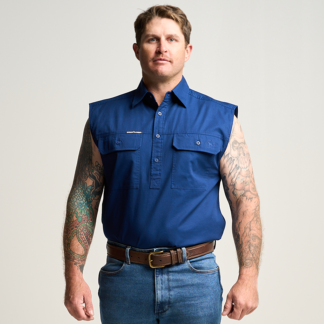 KILCOY | Mens Half Button Sleeveless Work Shirt - Navy