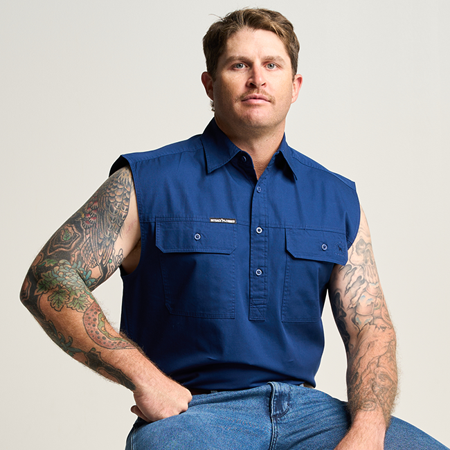 KILCOY | Mens Half Button Sleeveless Work Shirt - Navy