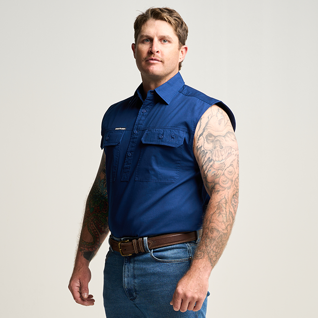 KILCOY | Mens Half Button Sleeveless Work Shirt - Navy