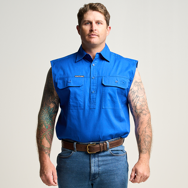 KILCOY | Mens Half Button Sleeveless Work Shirt - Royal