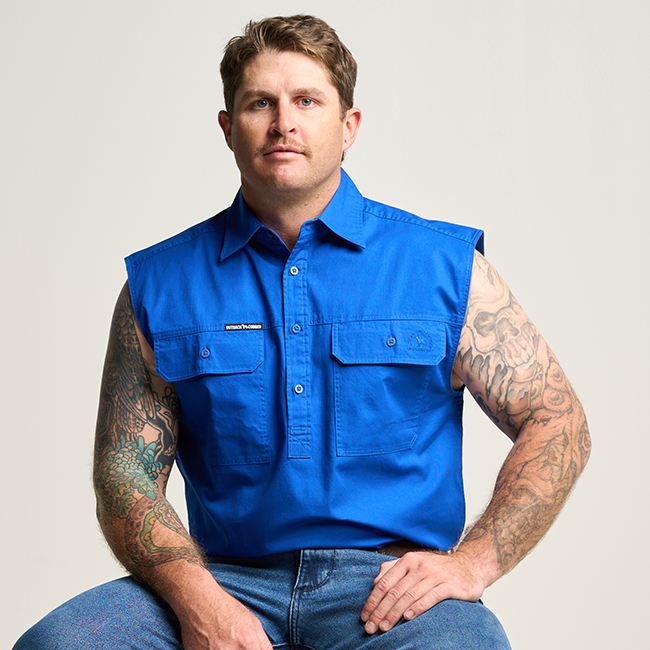 KILCOY | Mens Half Button Sleeveless Work Shirt - Royal