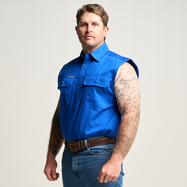 KILCOY | Mens Half Button Sleeveless Work Shirt - Royal