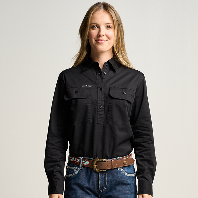 SOMERSET | Womens Half Button Long Sleeve Work Shirt - Black