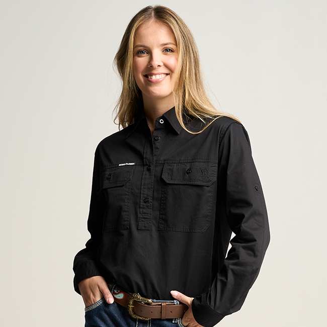 SOMERSET | Womens Half Button Long Sleeve Work Shirt - Black