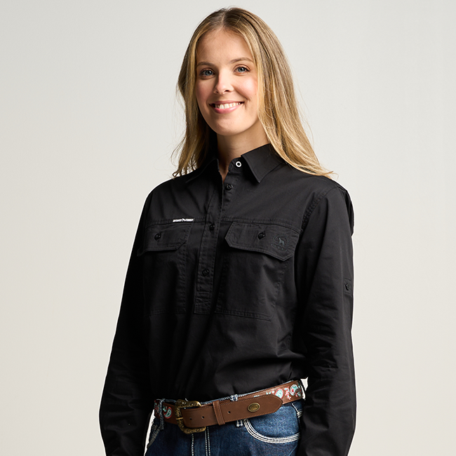 SOMERSET | Womens Half Button Long Sleeve Work Shirt - Black