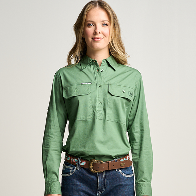 SOMERSET | Womens Half Button Long Sleeve Work Shirt - Gum Leaf Green