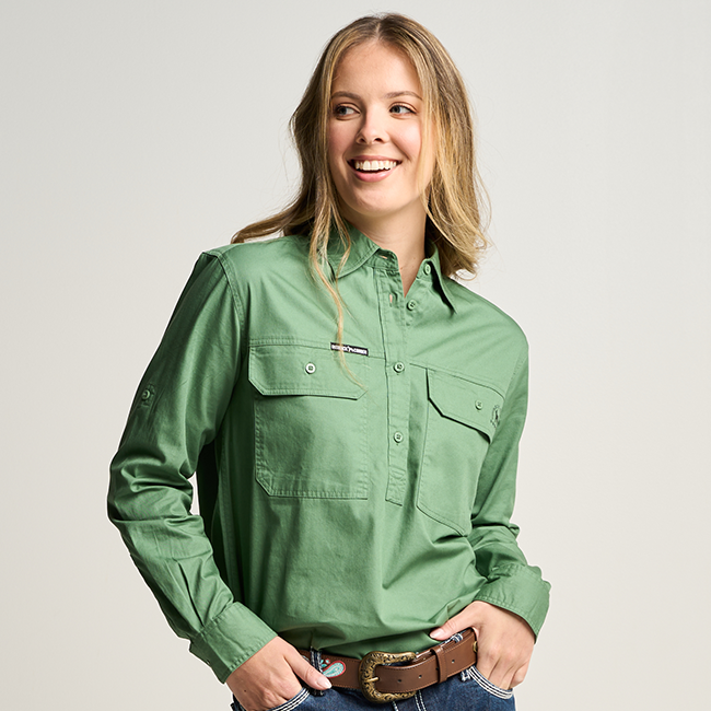 SOMERSET | Womens Half Button  Long Sleeve Work Shirt - Gum Leaf Green