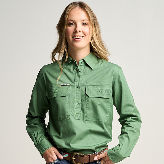 SOMERSET | Womens Half Button Long Sleeve Work Shirt - Gum Leaf Green