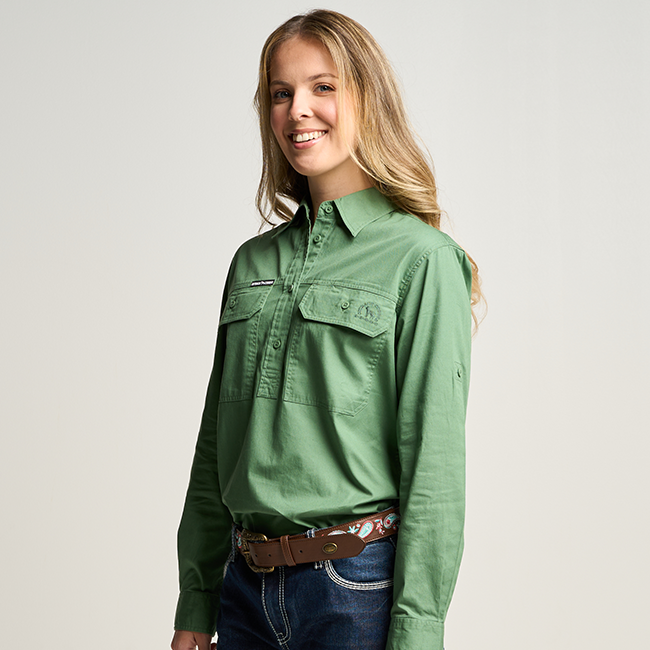 SOMERSET | Womens Half Button Long Sleeve Work Shirt - Gum Leaf Green