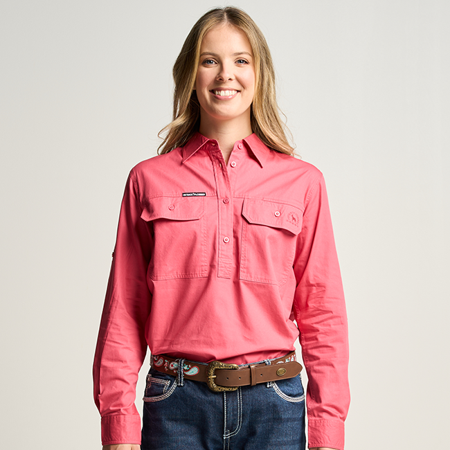 SOMERSET | Womens Half Button Long Sleeve Work Shirt - Hibiscus Pink