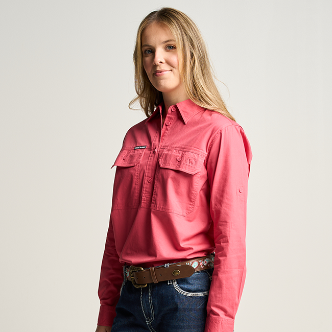 SOMERSET | Womens Half Button Long Sleeve Work Shirt - Hibiscus Pink